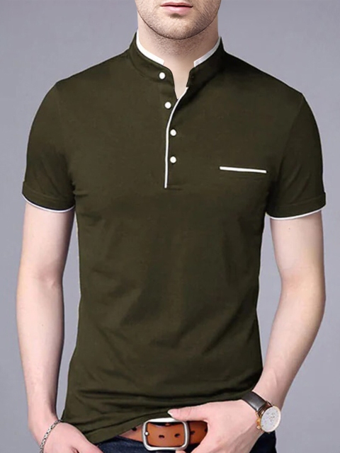 

AUSK Men Green Mandarin Collar T-shirt with Mask