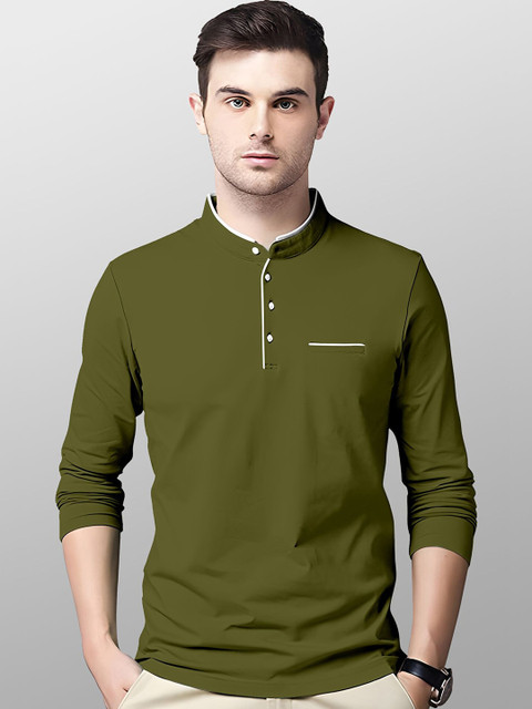 

AUSK Men Green Mandarin Collar T-shirt with Mask