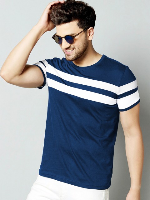 

AUSK Men Blue Striped T-shirt with Mask