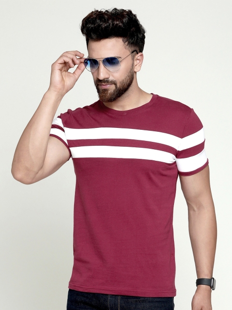 

AUSK Men Maroon Striped T-shirt with Mask