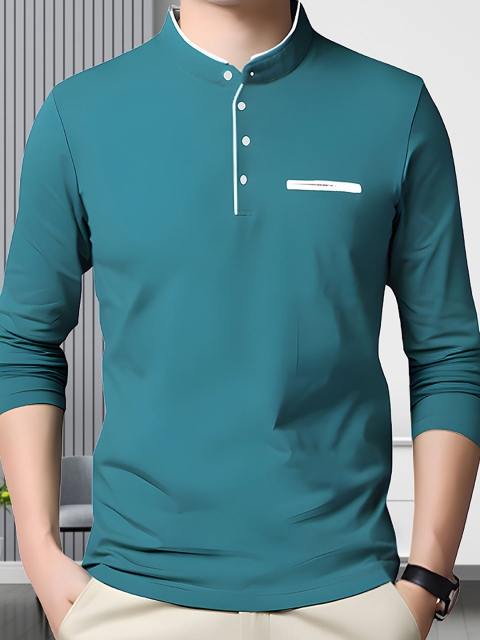 

AUSK Men Teal Mandarin Collar T-shirt with Mask