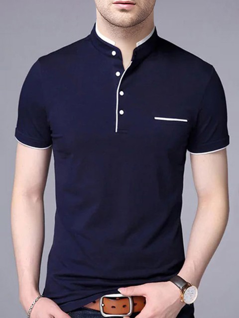 

AUSK Men Blue Mandarin Collar T-shirt with Mask