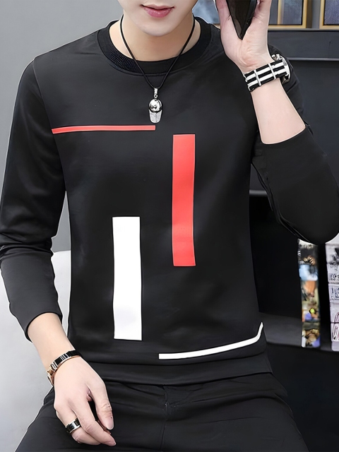 

AUSK Men Black Polo Collar Applique T-shirt with Mask