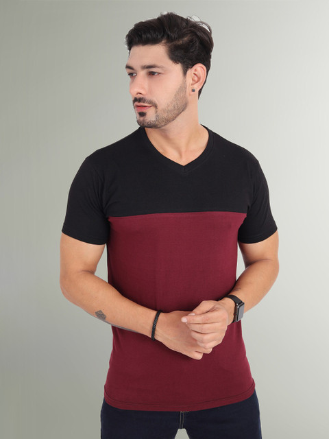 

Trends Tower Men Maroon & Black Colourblocked V-Neck T-shirt