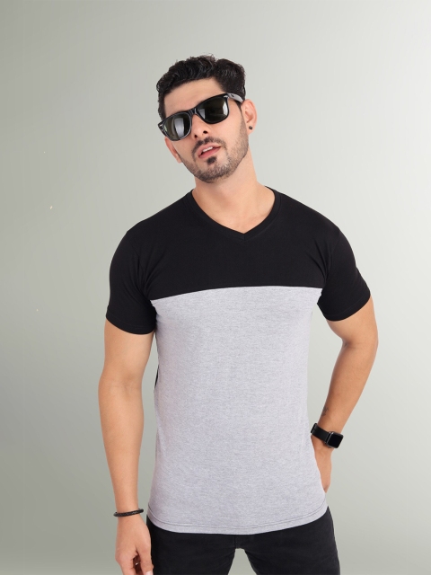 

Trends Tower Men Grey Melange Colourblocked V-Neck T-shirt