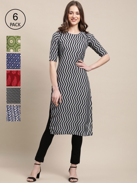 

Ethnic basket Women Pack of 6 Digital Printed Crepe Straight Kurtas, Black