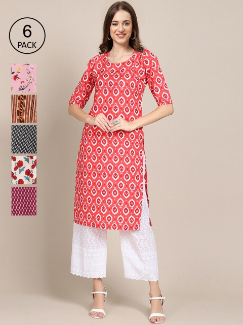 

Ethnic basket Women Pack Of 6 Geometric Printed Block Print Crepe Kurta, Blue
