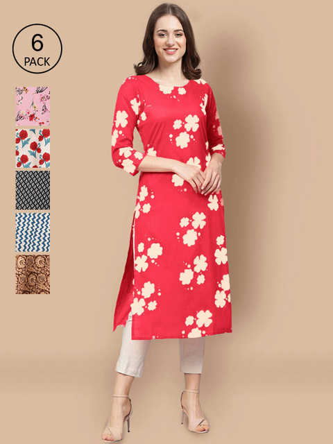 

Ethnic basket Women Pack Of 6 Geometric Printed Block Print Crepe Kurta, Red