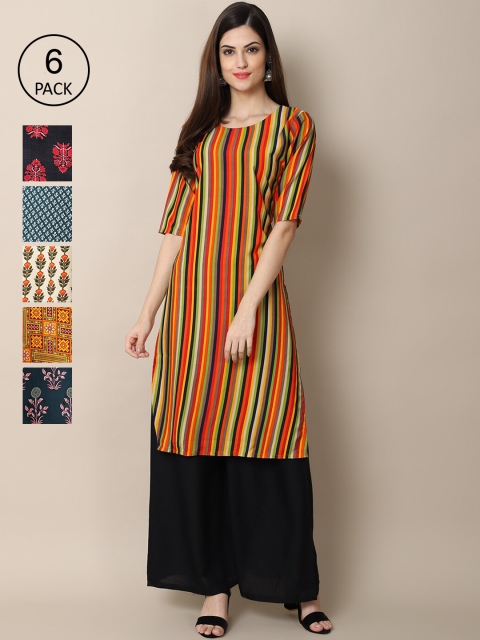 

Ethnic basket Women Multicoloured Pack Of 6 Ethnic Motifs Printed Block Print Crepe Kurta, Multi