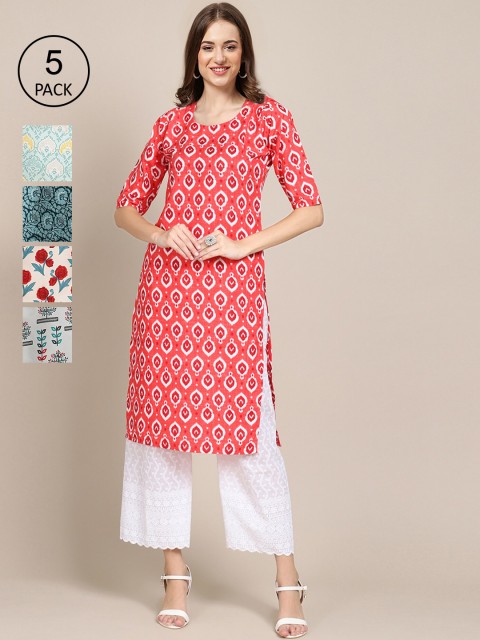 

Ethnic basket Pack Of 5 Women Printed Straight Crepe Kurta, Blue