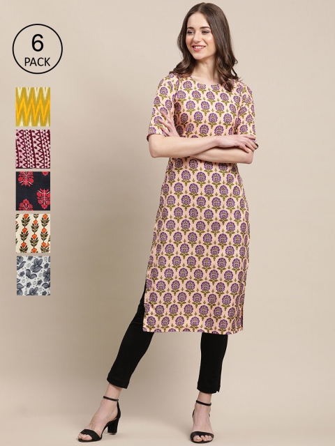 

Ethnic basket Women Pack of 6 Geometric Printed Crepe Kurta, Multi