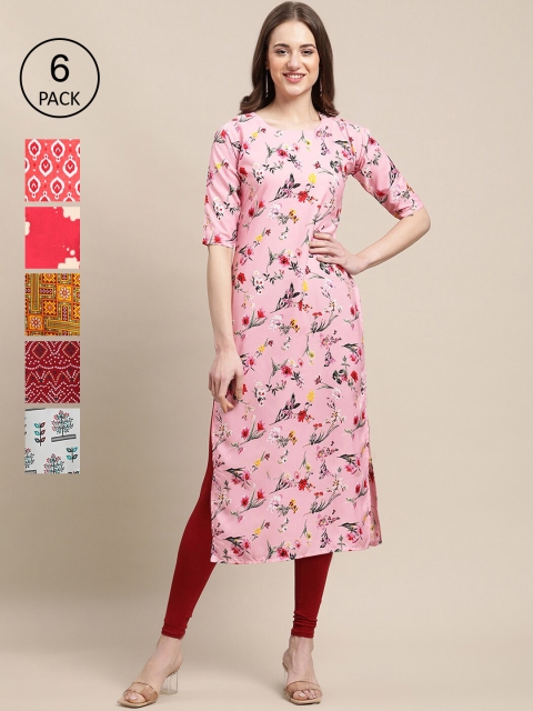 

Ethnic basket Women Pack Of 6 Multicoloured Geometric Printed Crepe Kurta, Multi
