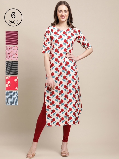 

Ethnic basket Women Pack of 6 Digital Printed Crepe Straight Kurtas, Red
