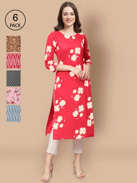 

Ethnic basket Women Pack Of 6 Geometric Printed Block Print Crepe Kurta, Multi