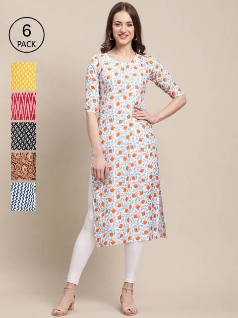 

Ethnic basket Women Pack Of 6 Geometric Printed Block Print Crepe Kurta, Multi
