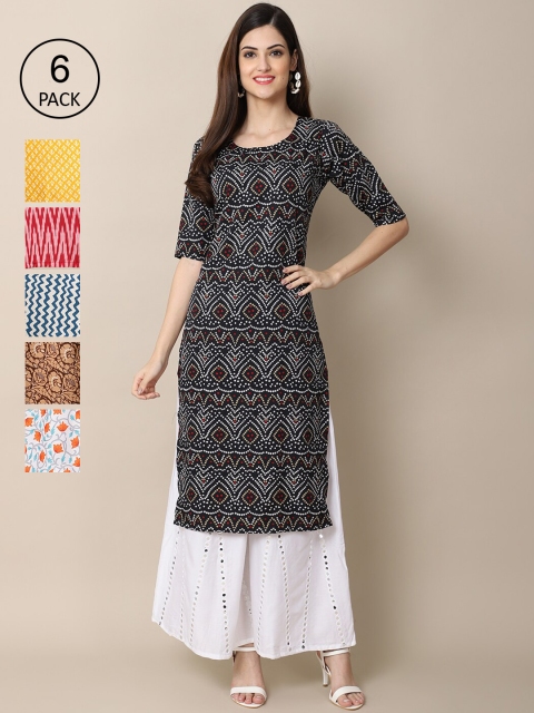 

Ethnic basket Women Pack Of 6 Printed Crepe Kurta, Multi