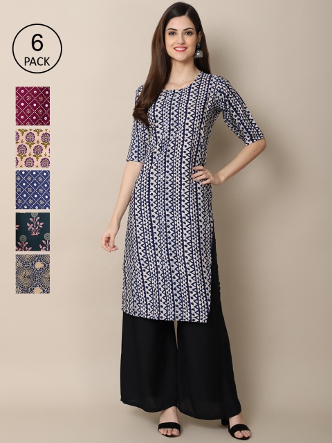 

Ethnic basket Women Pack Of 6 Printed Crepe Kurta, Multi
