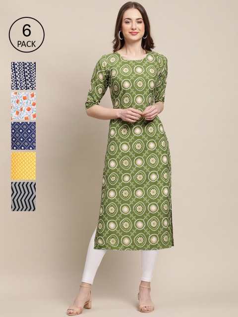 

Ethnic basket Women Pack Of 6 Geometric Printed Crepe Kurta, Green
