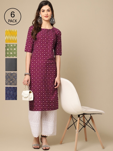 

Ethnic basket Women Pack Of 6 Ethnic Motifs Printed Crepe Kurta, Yellow