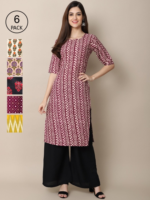 

Ethnic basket Women Pack Of 6 Ethnic Motifs Printed Crepe Kurta, Yellow