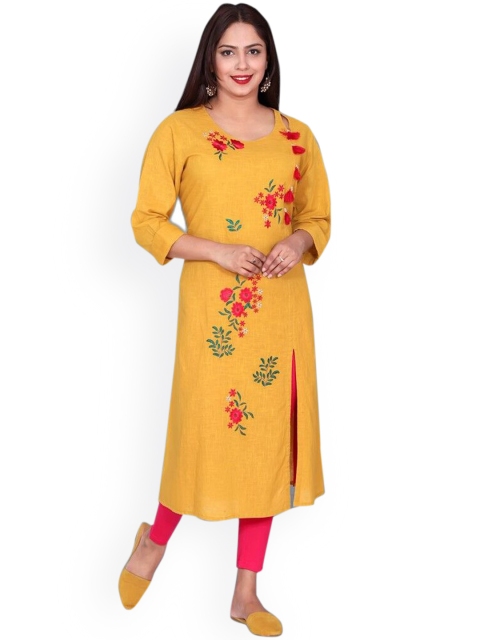 

SUTI Women Mustard Yellow Embroidered Thread Work Kurta