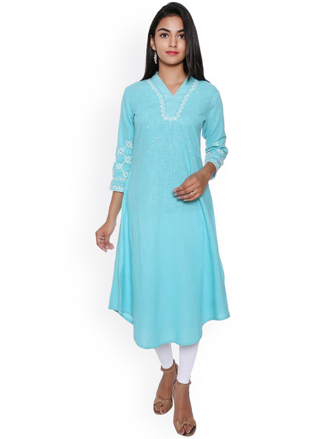 

SUTI Women Blue Embroidered A-Line Kurta, Green