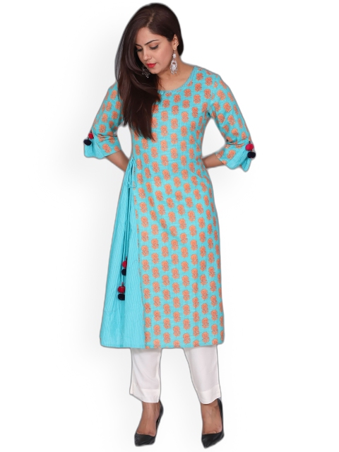 

SUTI Women Turquoise Blue Floral Printed Bell Sleeves Thread Work Kurta