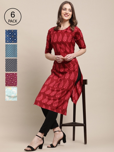 

Ethnic basket Women Pack of 6 Floral Printed Summer Sheers Crepe Kurtas, Red