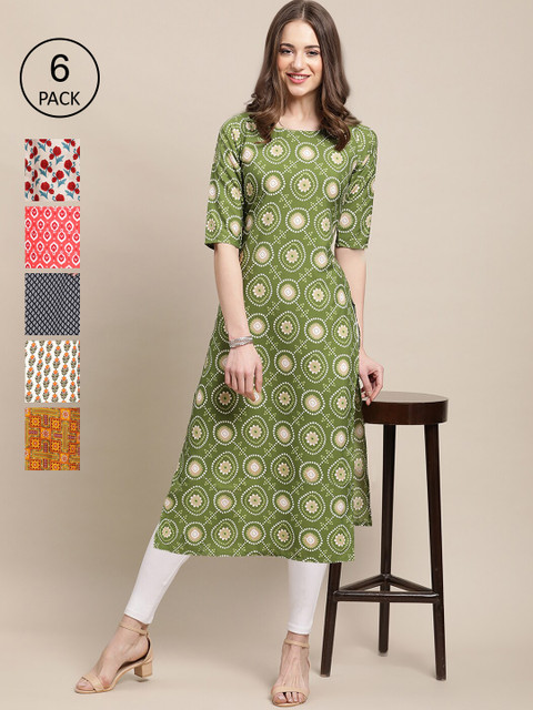 

Ethnic basket Women Pack Of 6 Multicoloured Ethnic Motifs Printed Crepe Kurta, Multi