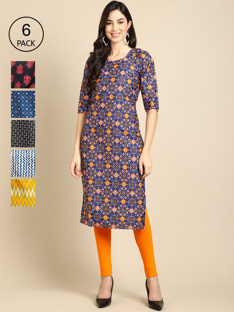 

Ethnic basket Women Pack of 6 Black & Blue Ethnic Motifs Printed Crepe Kurta