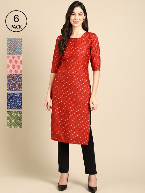 

Ethnic basket Women Pack of 6 Red & Blue Ethnic Motifs Printed Crepe Kurta