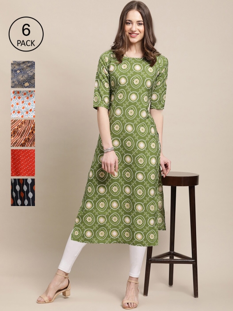 

Ethnic basket Women Pack of 6 Digital Printed Crepe Straight Kurtas, Green