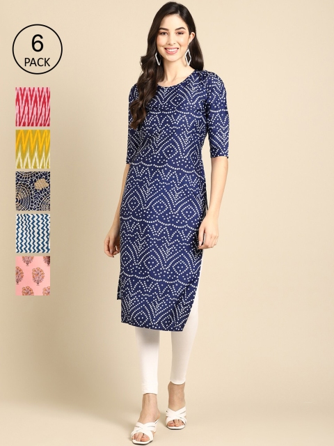 

Ethnic basket Women Pack of 6 Digital Printed Crepe Straight Kurtas, Blue
