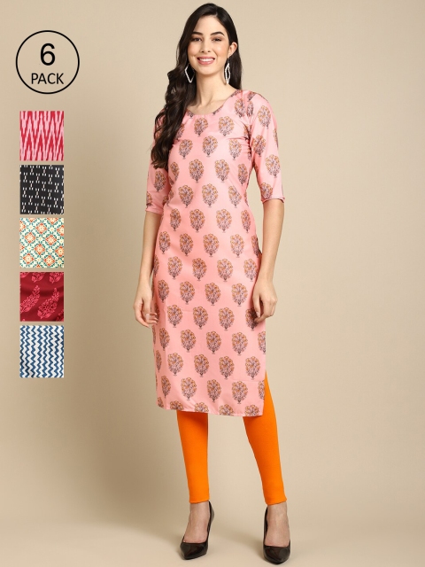 

Ethnic basket Women Pack of 6 Digital Printed Crepe Straight Kurtas, Pink