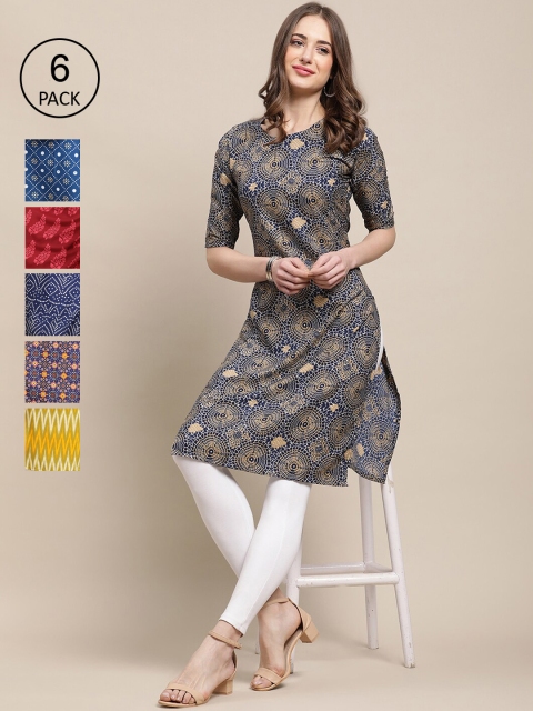 

Ethnic basket Women Pack Of 6 Multicoloured Geometric Printed Summer Sheers Crepe Kurta, Multi