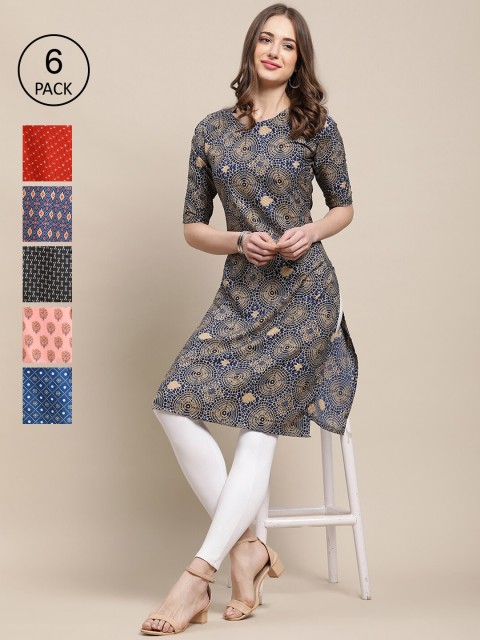 

Ethnic basket Women Pack Of 6 Multicoloured Ethnic Motifs Printed Crepe Kurta, Multi