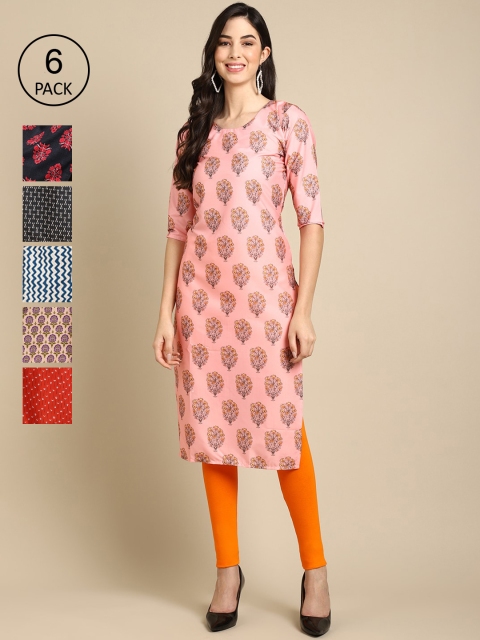 

Ethnic basket Women Pink & Red Pack Of 6 Geometric Printed Crepe Kurtas