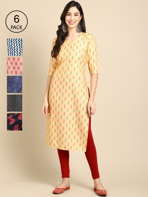 

Ethnic basket Women Set Of 6 Beige & Blue Floral Printed Crepe Kurta