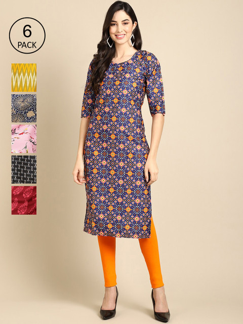 

Ethnic basket Women Yellow & Blue Ethnic Motifs Printed Summer Sheers Crepe Kurta