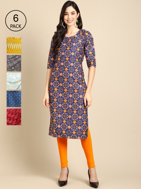 

Ethnic basket Pack Of 6 Women Printed Straight Crepe Kurta, Navy blue