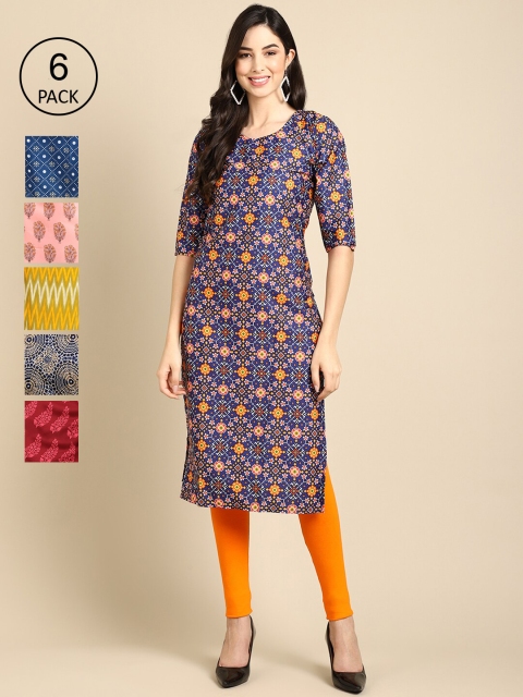 

Ethnic basket Pack Of 6 Women Printed Straight Crepe Kurta, Navy blue