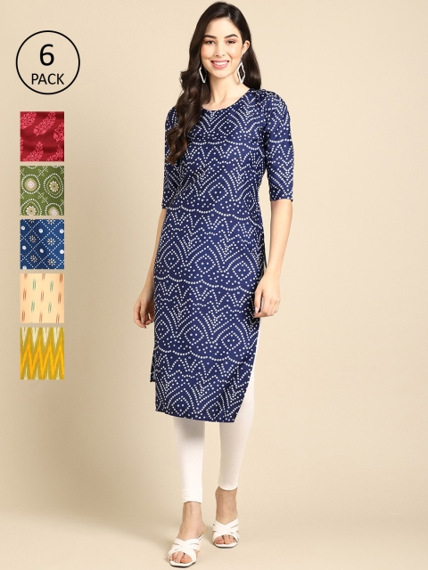 

Ethnic basket Women Red And Blue Printed Crepe Kurta PACK OF 6