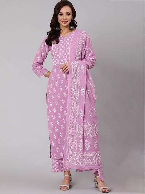 

Nayo Women Purple Printed Pure Cotton Kurta with Trousers & Dupatta