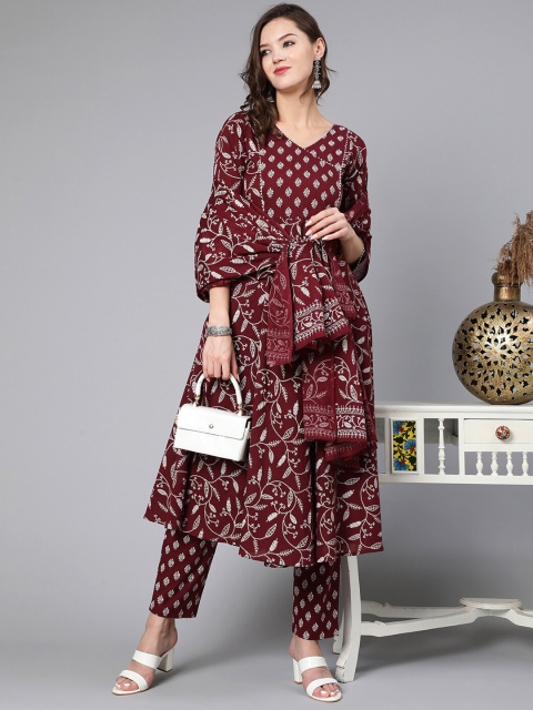 

Nayo Women Burgundy Ethnic Motifs Printed Gotta Patti Pure Cotton Kurta with Trousers & With Dupatta