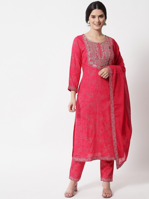 

IkDaiya Women Pink Floral Printed Kurta with Trousers & With Dupatta