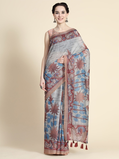 

KALANANDI Grey & Brown Cotton Blend Floral Saree