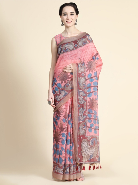 

KALANANDI Pink & Blue Cotton Blend Floral Saree