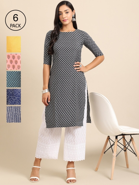 

Ethnic basket Women Pack Of 6 Printed Crepe Straight Kurta, Blue