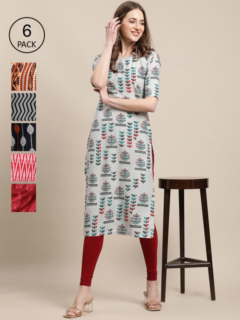 

Ethnic basket 6 Women Multicoloured Floral Printed Summer Sheers Crepe Kurta, Multi