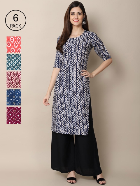 

Ethnic basket Women Navy Blue & Pink Pack Of 6 Geometric Printed Crepe Kurtas